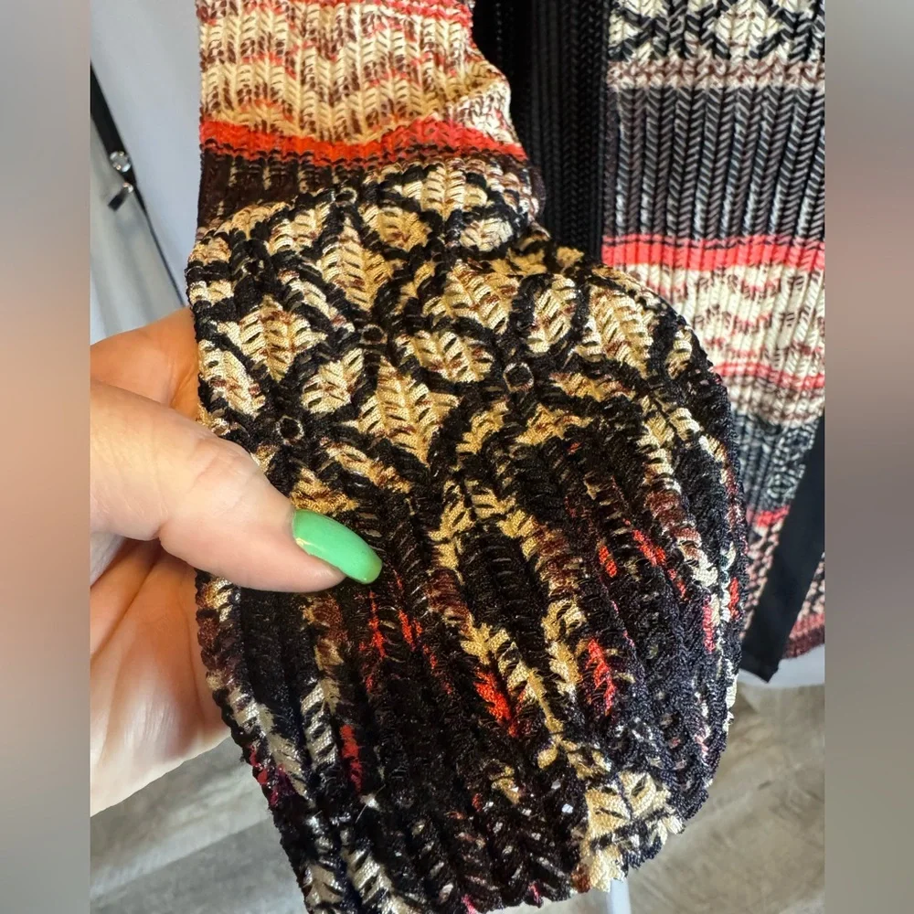Catherines Black, Red, and Cream Textured Patterned One- Button Cardigan,